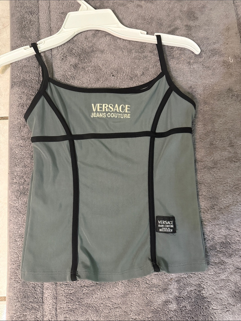 Versace Jeans Collection Sage Green Mesh Cami with Black Trim